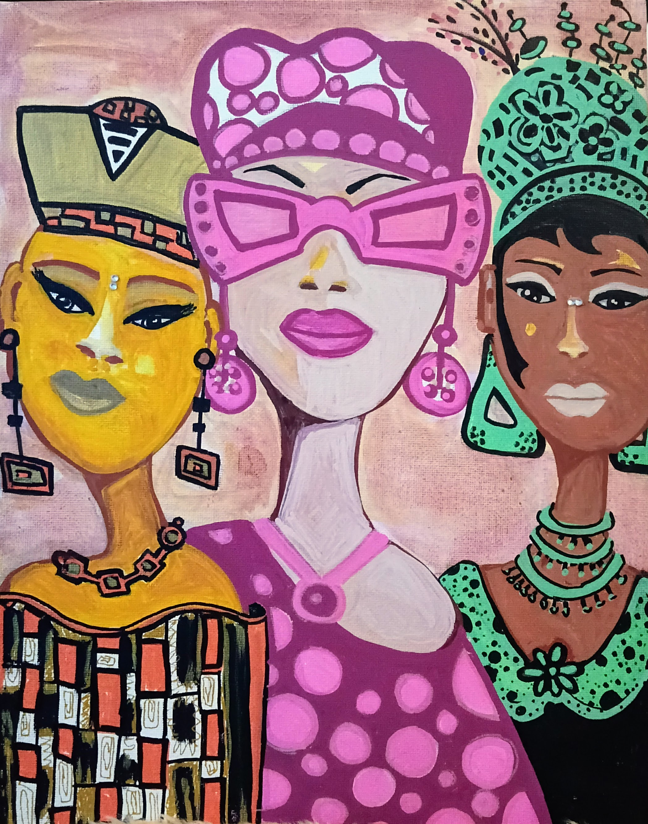 The Gurlz Night Out, a colorful mixed-media artwork featuring three boldly styled women
